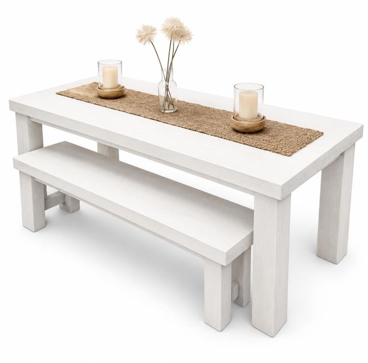 White 6 Seater Indoor Table and 2 Benches Set