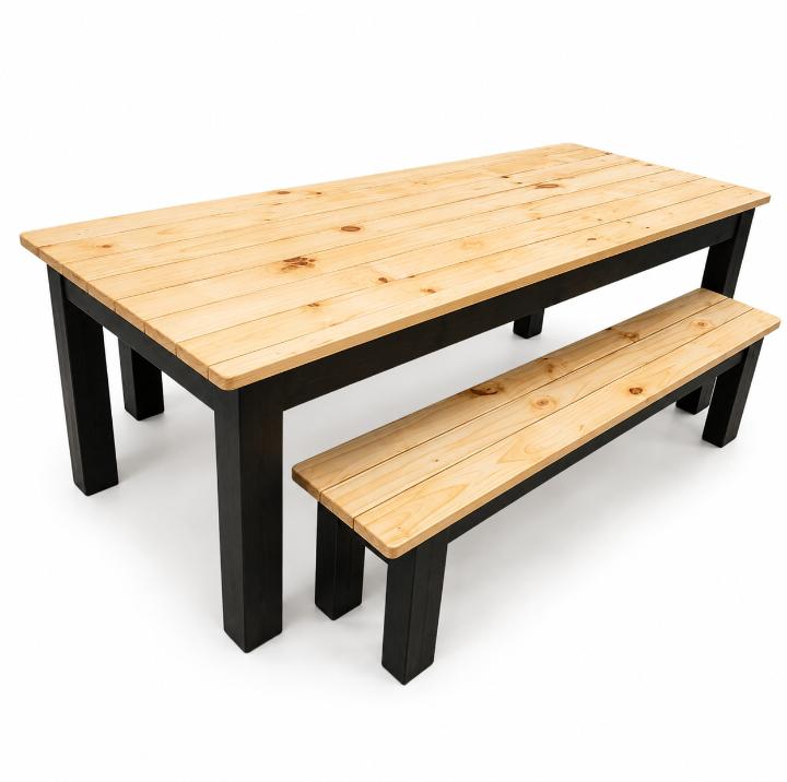 Black and Natural Wood Table and 2 Benches Set